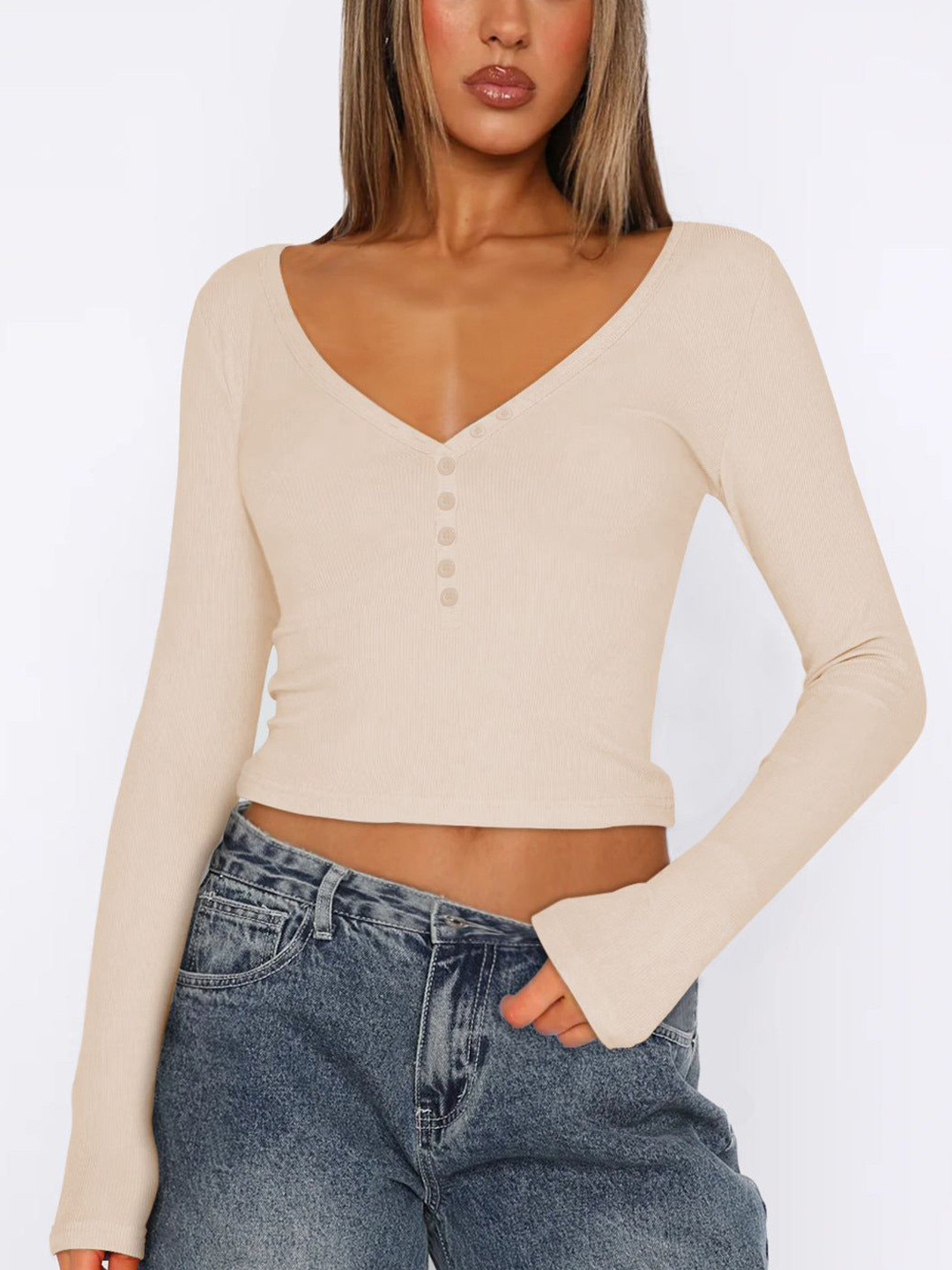 Outzidr Women Cream Colored Buttoned Down V Neck Top