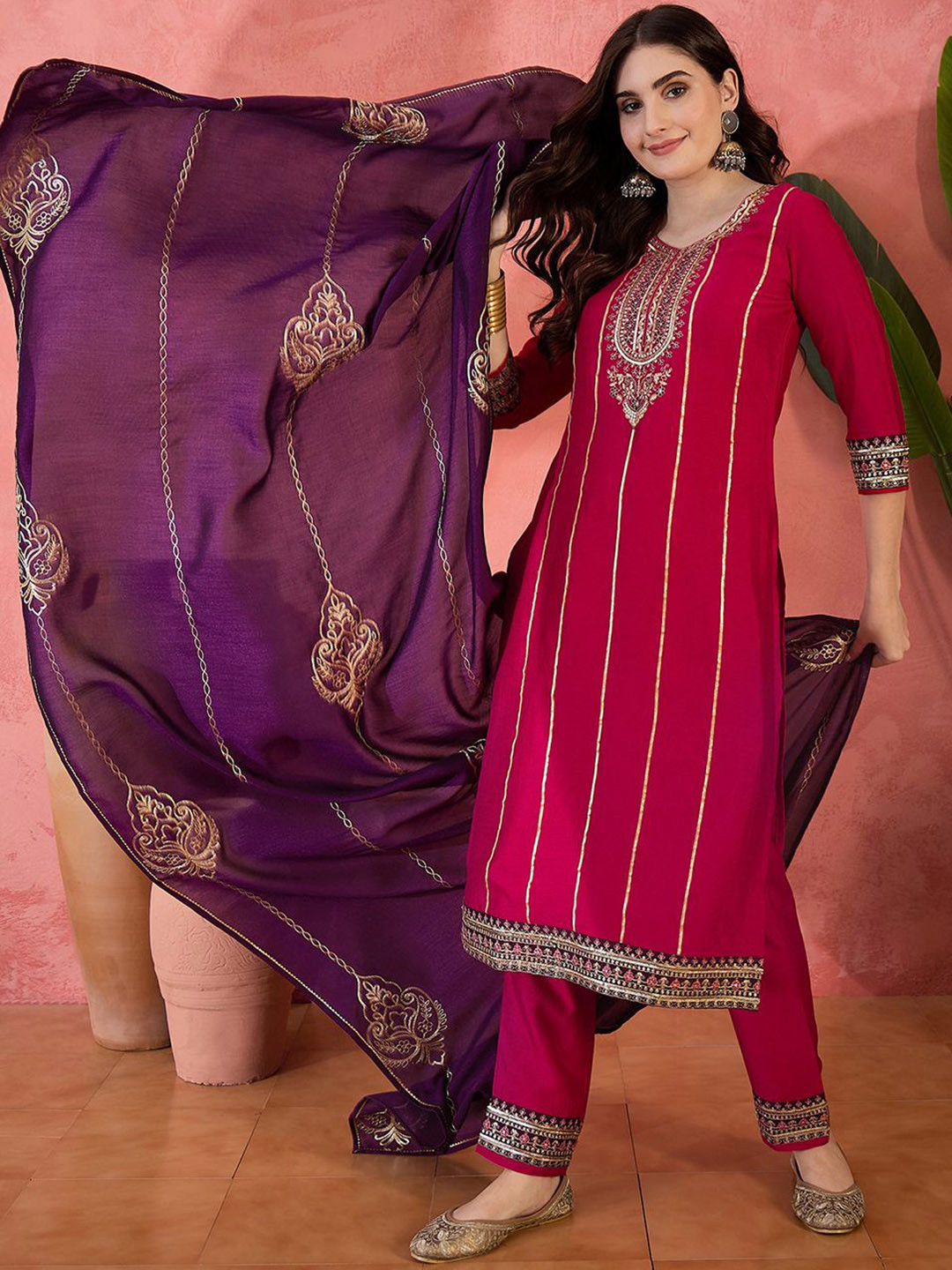 Sangria Floral Embroidered V-Neck Sequinned Vichitra Silk Kurta With Trousers & Dupatta
