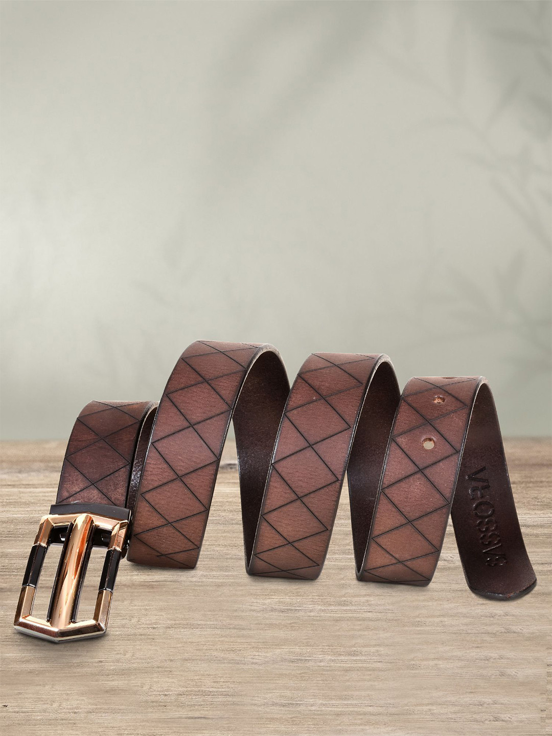 Sassora Men Textured Leather Buckle with Cutwork Design Belt