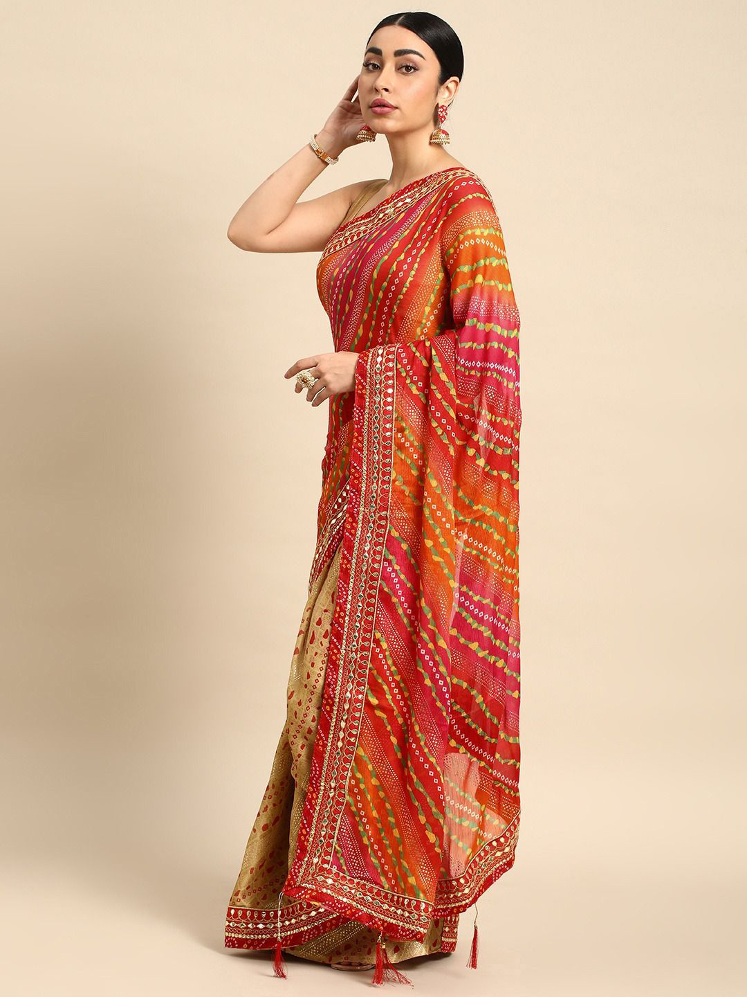 LeeliPeeri Designer Bandhani Print Mirror Work Pure Chiffon Bandhani Saree