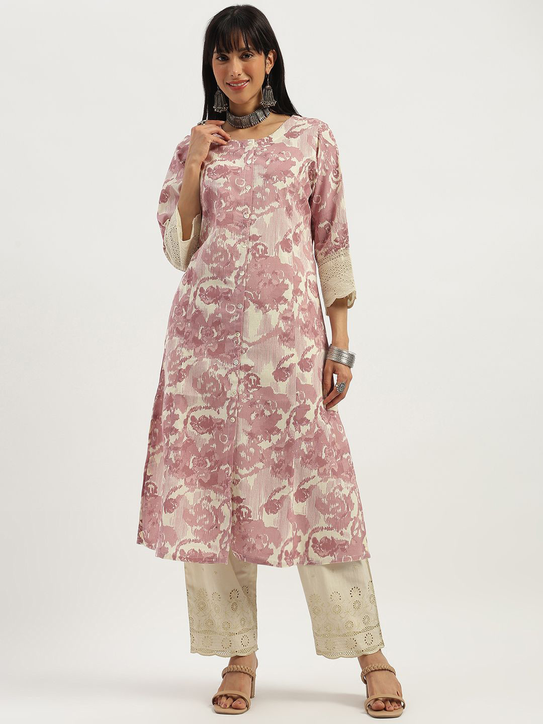 ARAVALII Blush Bloom Floral Printed Round Neck Schiffli Pure Cotton A-Line Kurta