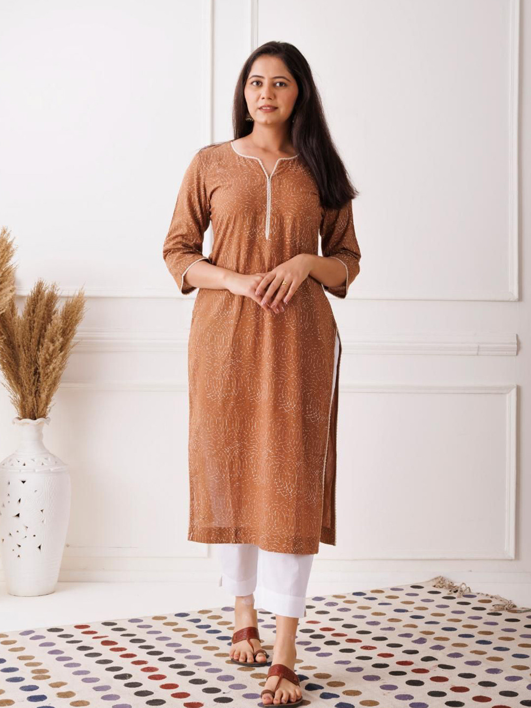 Gazal India Geometric Printed Notch Neck Hand Block Print Pure Cotton Straight Kurta