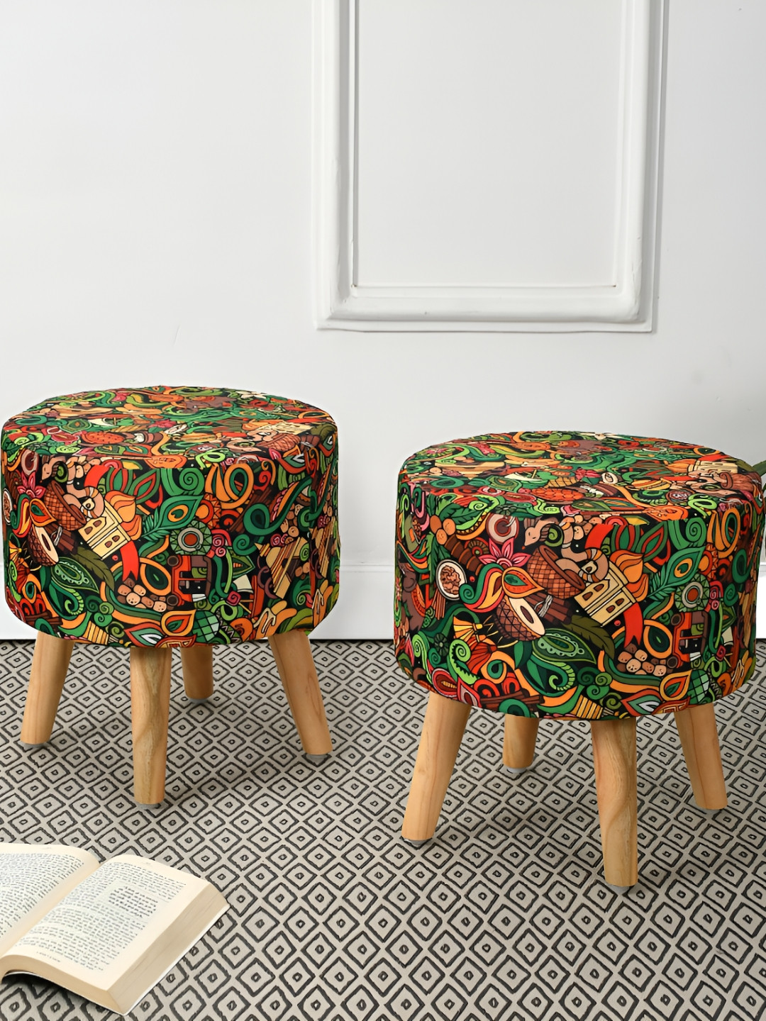 RIANCE CREATIONS 2 Pieces Black & Green Printed Round Shape Ottomans