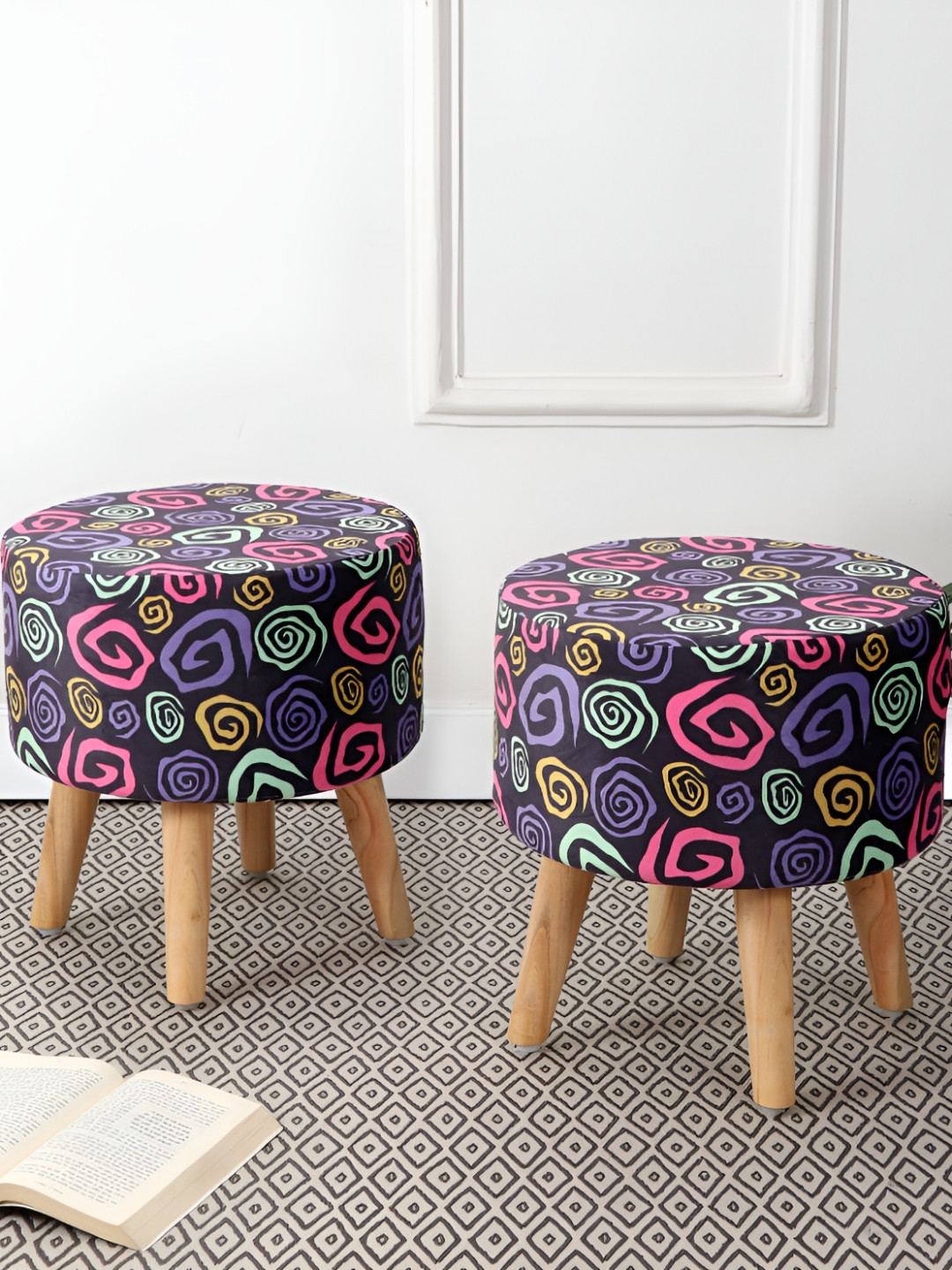 RIANCE CREATIONS Black & Purple 2 Pieces Abstract Printed Wooden & Velvet Round Ottomans