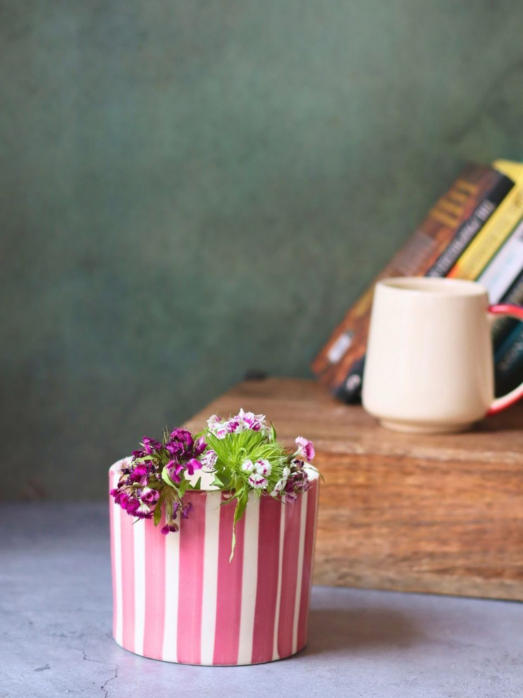 WEAVING HOMES Magenta & White Striped Ceramic Planter
