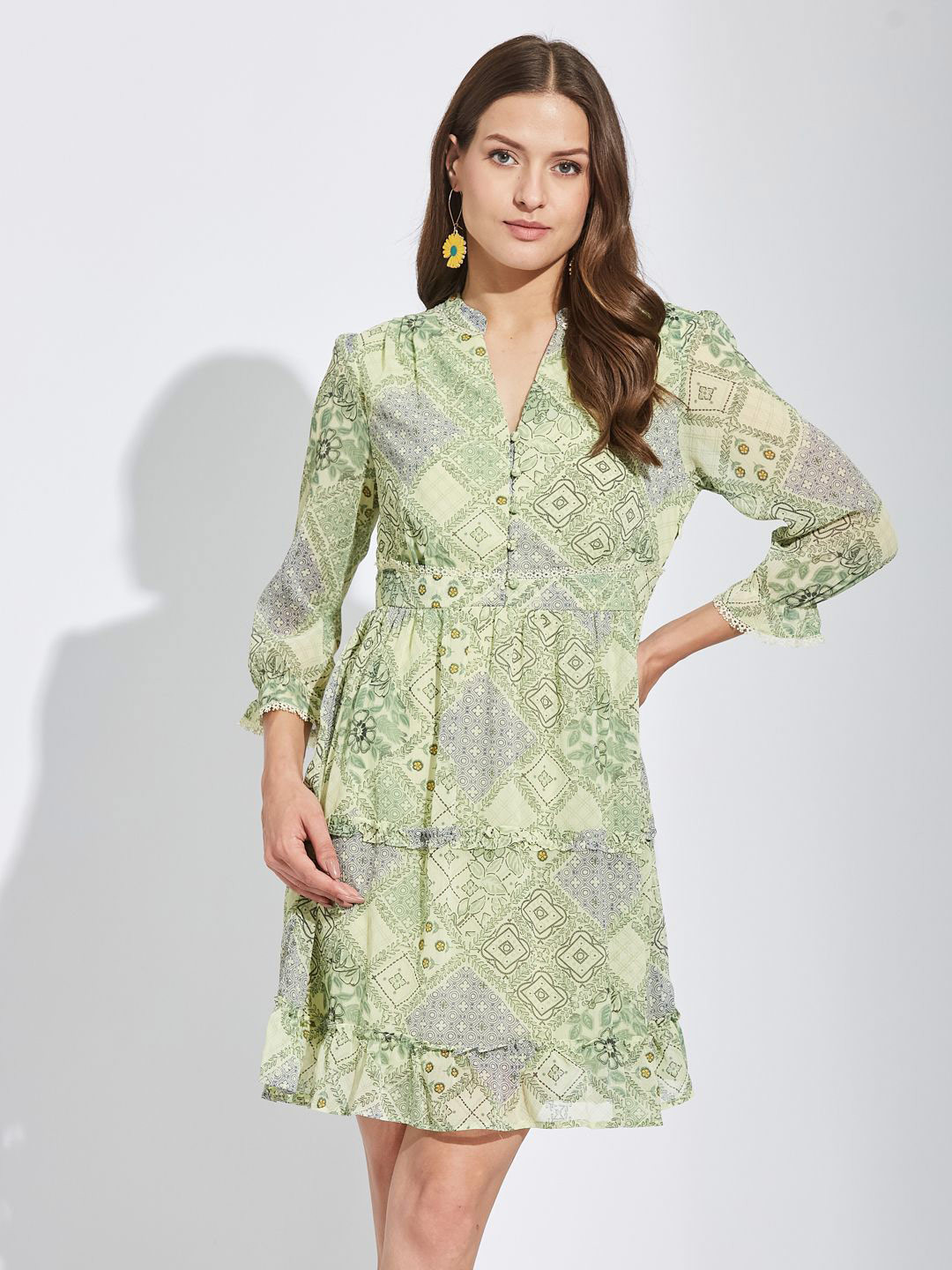 Latin Quarters Ethnic Motifs Print Bell Sleeve Fit & Flare Dress