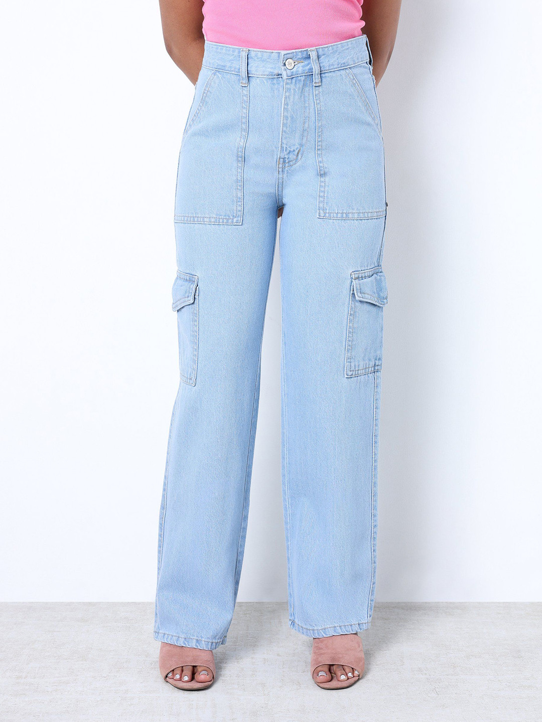ZUYA Women Non Stretch Straight Fit Denim cargo Jeans