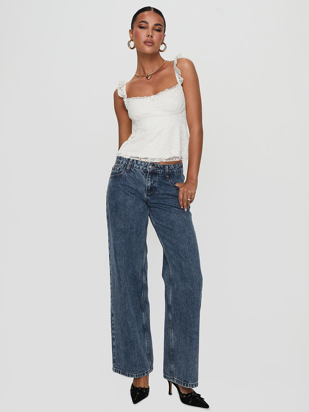 JC Mode Women Textured Lace Inserts Shoulder Straps Longline Fitted Top