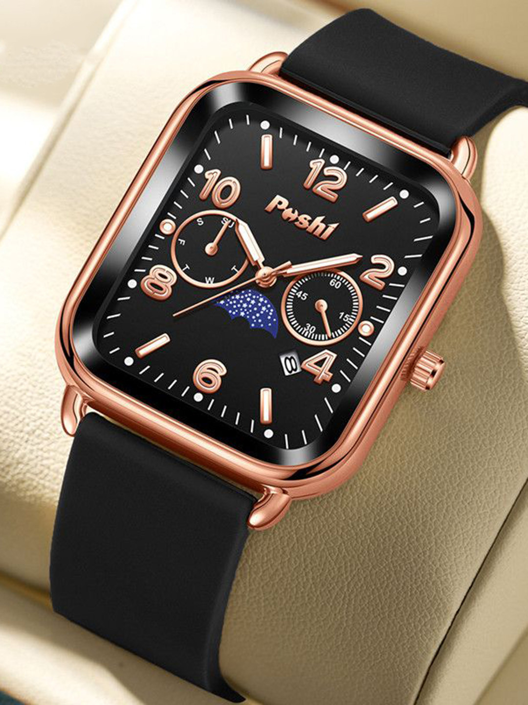 Poshi Women Square Moon Phase Silicone Strap Watch