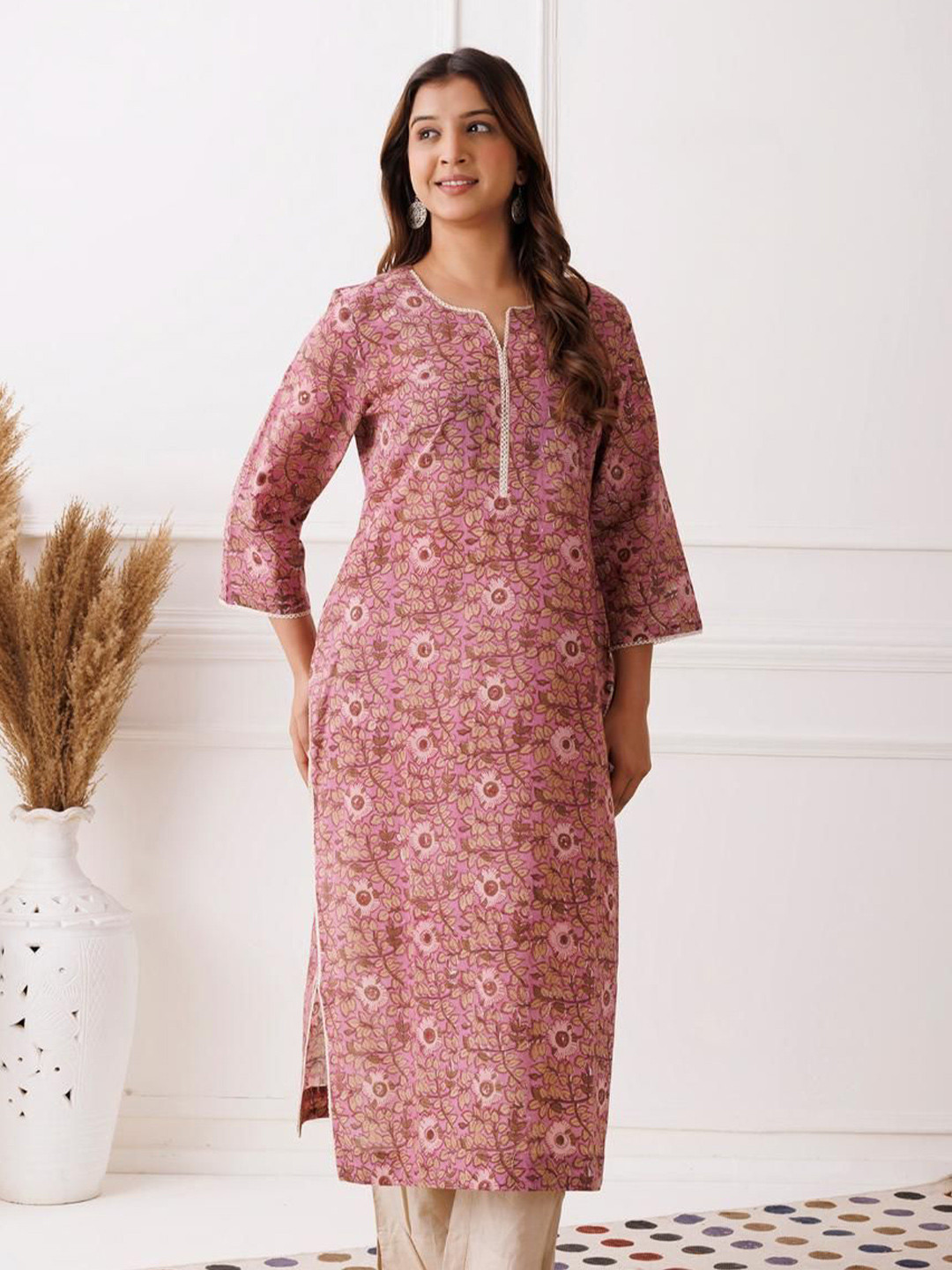 Gazal India Floral Printed Notch Neck Pure Cotton Straight Kurta