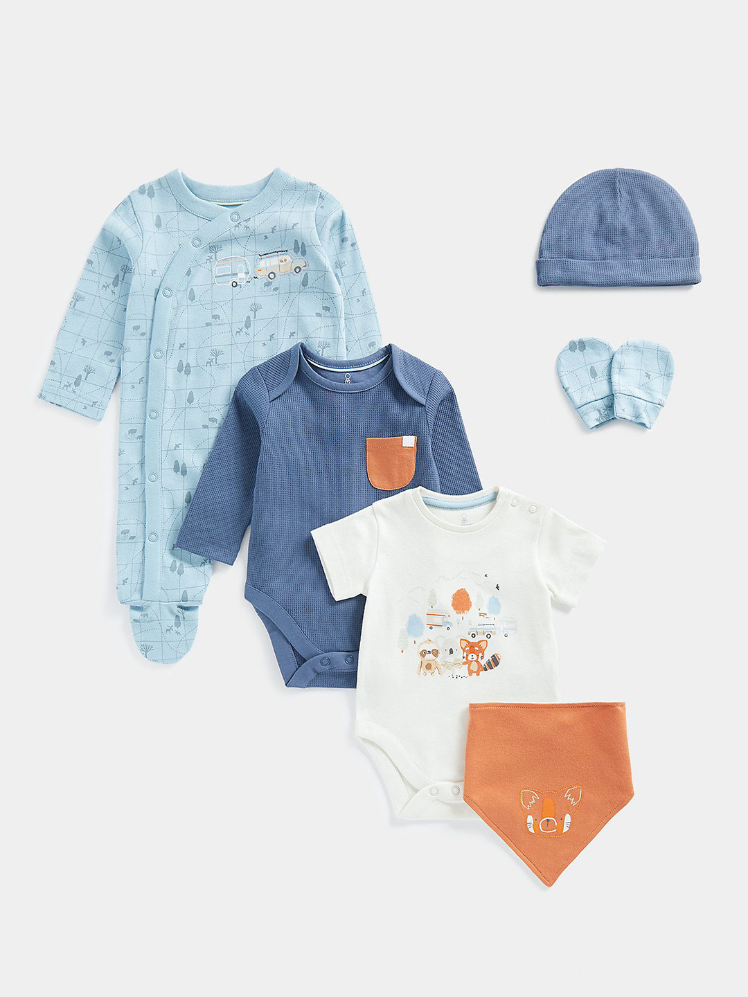 mothercare Boys Pack Of 6 Vehicle And Animal Printed Pure Cotton Bodysuit Set