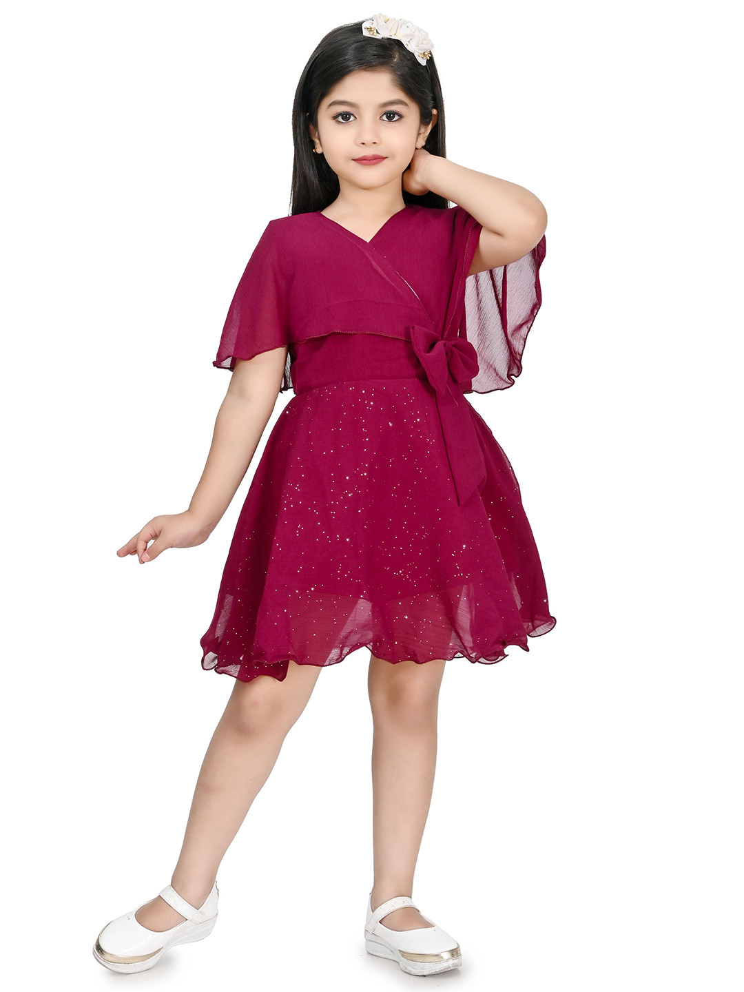 BARKAT DESIGNING PLANET Girls Self Design V-Neck Fit and Flare Dress With Bow