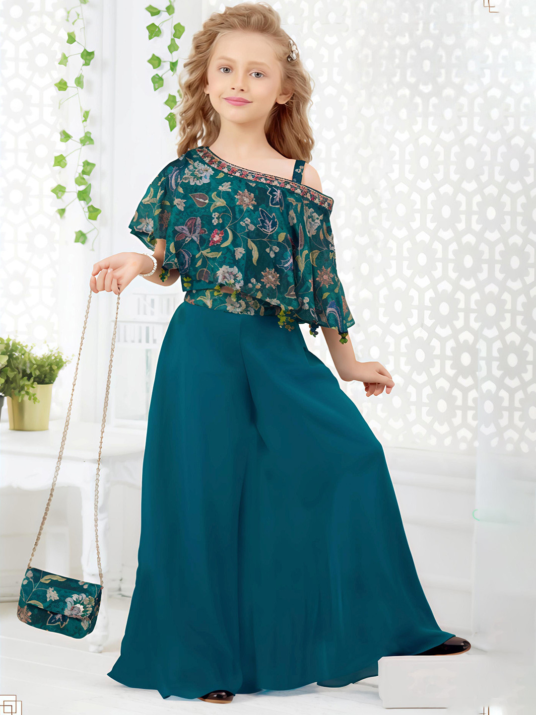 PINK LEAF Kids Printed One Shoulder Top With Palazzos