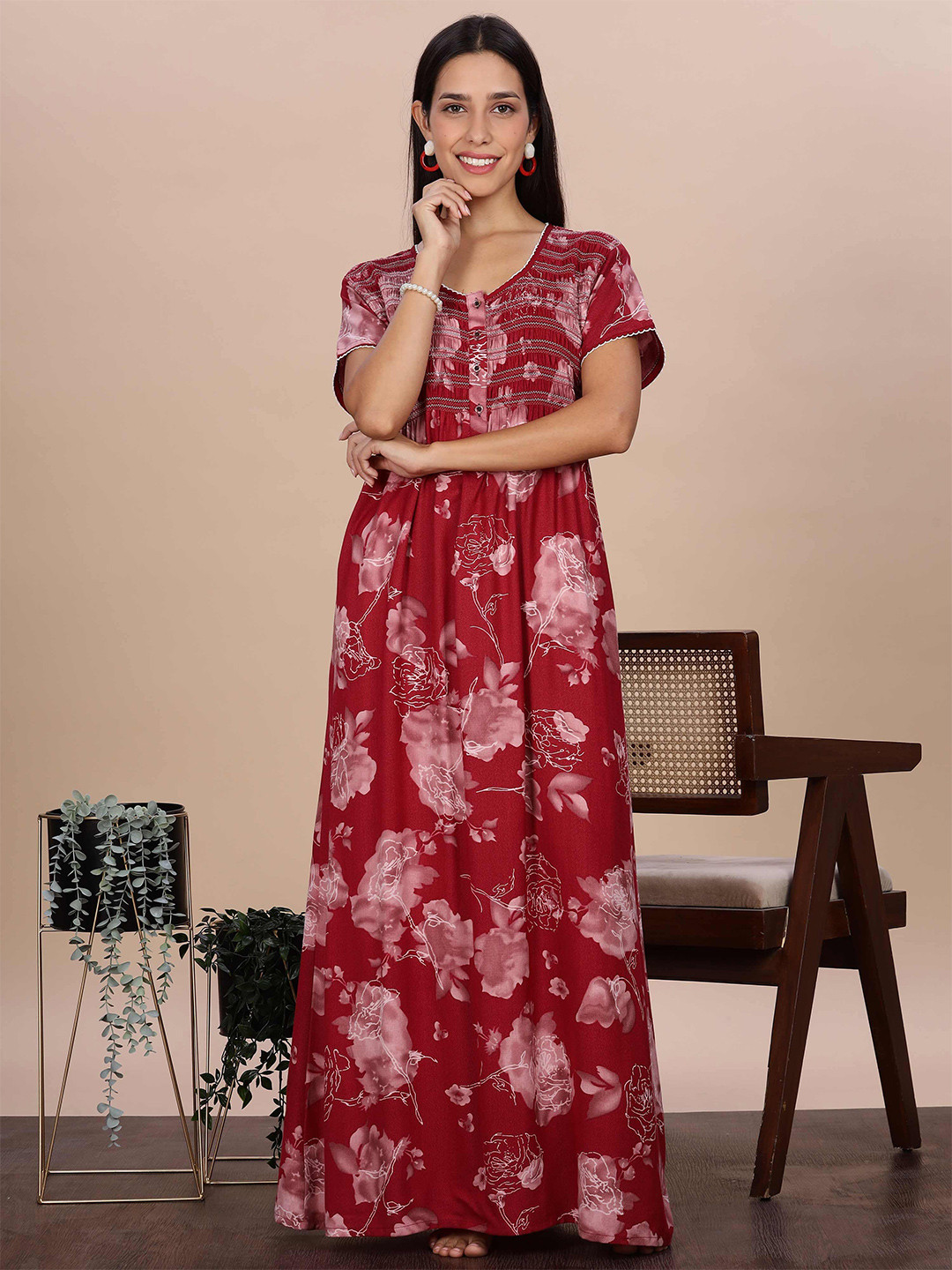 9shines Label Red Smocking Nightdress with Floral Pleats