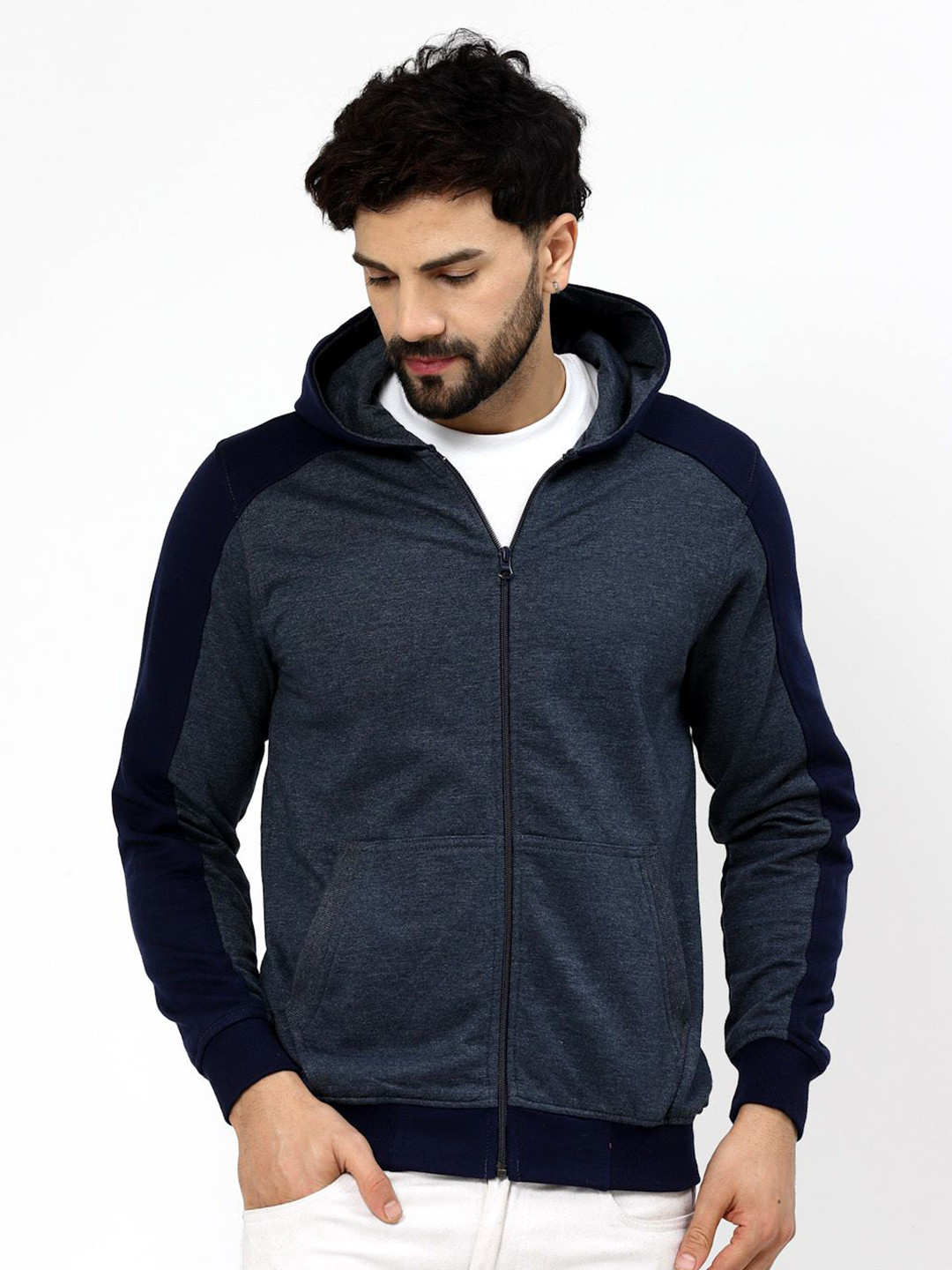 Kalt Men Full Sleeves Zipper Fleece Colourblocked Sweatshirt