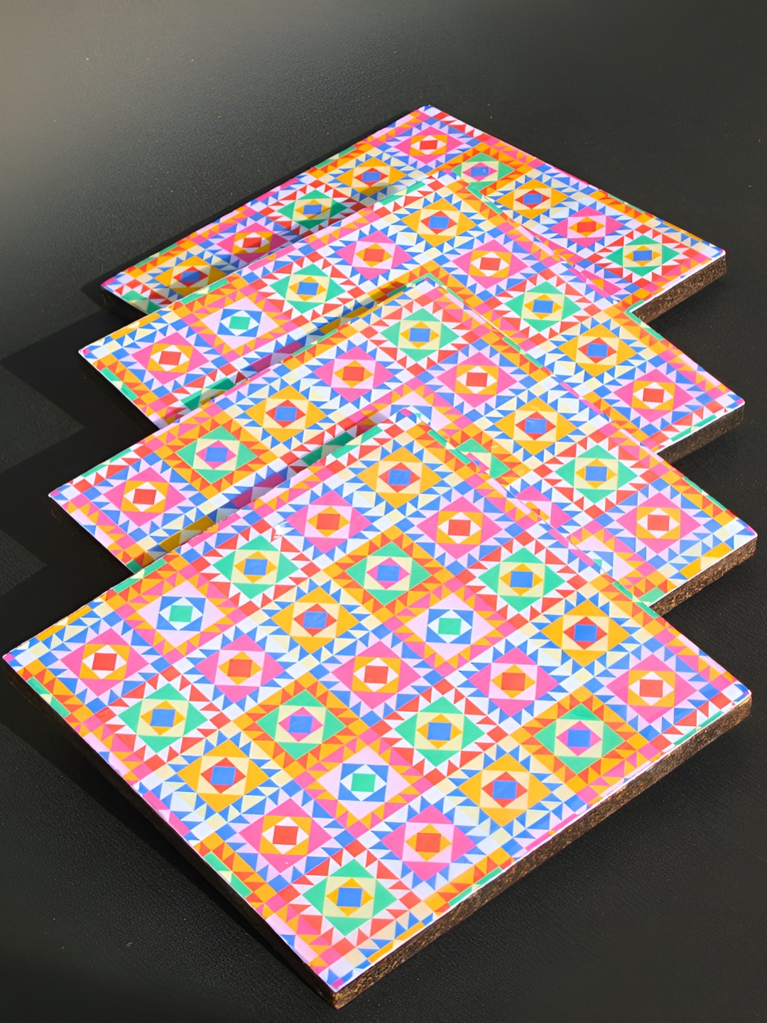 Ekaura 4 Pieces Pink & Blue Navrang Printed Wooden Coasters.