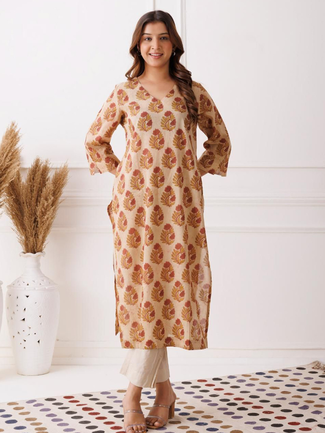 Gazal India Floral Printed V-Neck Hand Block Print Pure Cotton Straight Kurta