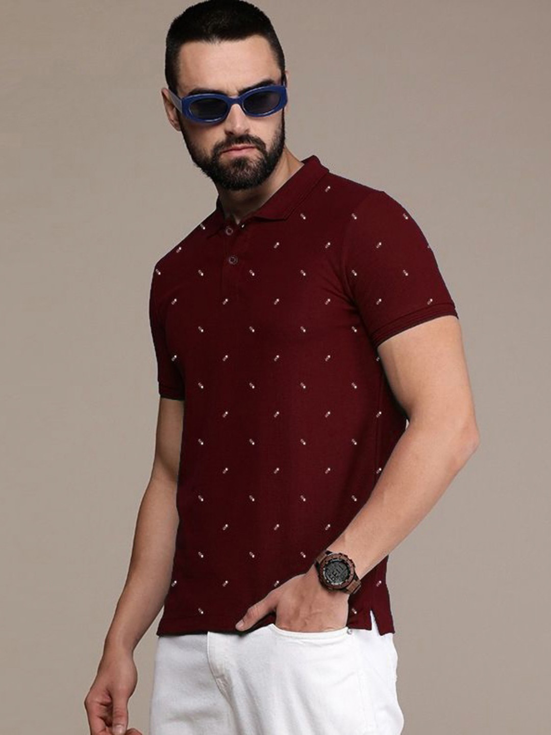 SZN Men Geometric Polo Collar Slim Fit T-shirt