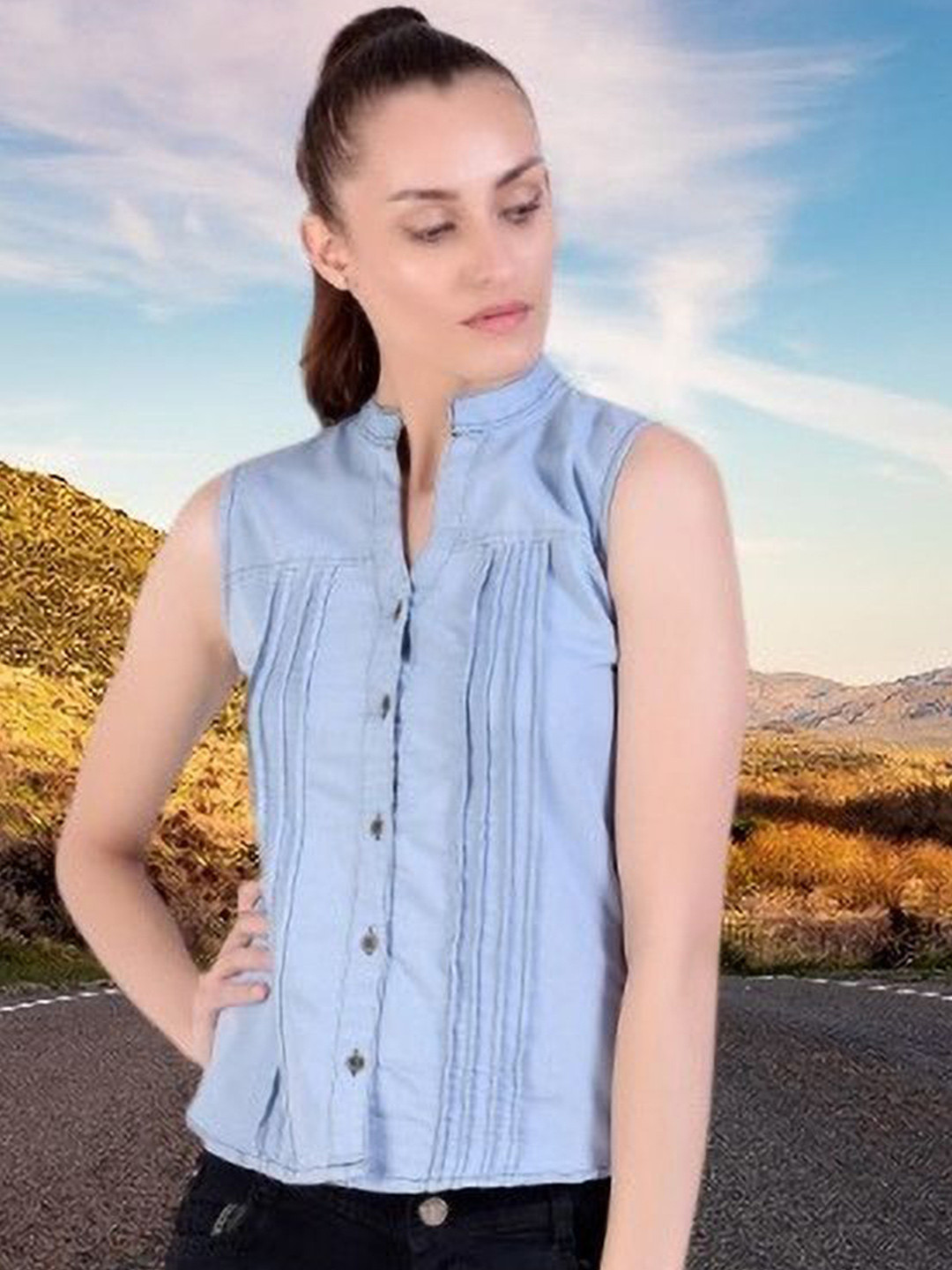 GIRLS WITH WINGS S Women Mandarin Collar Denim Shirt