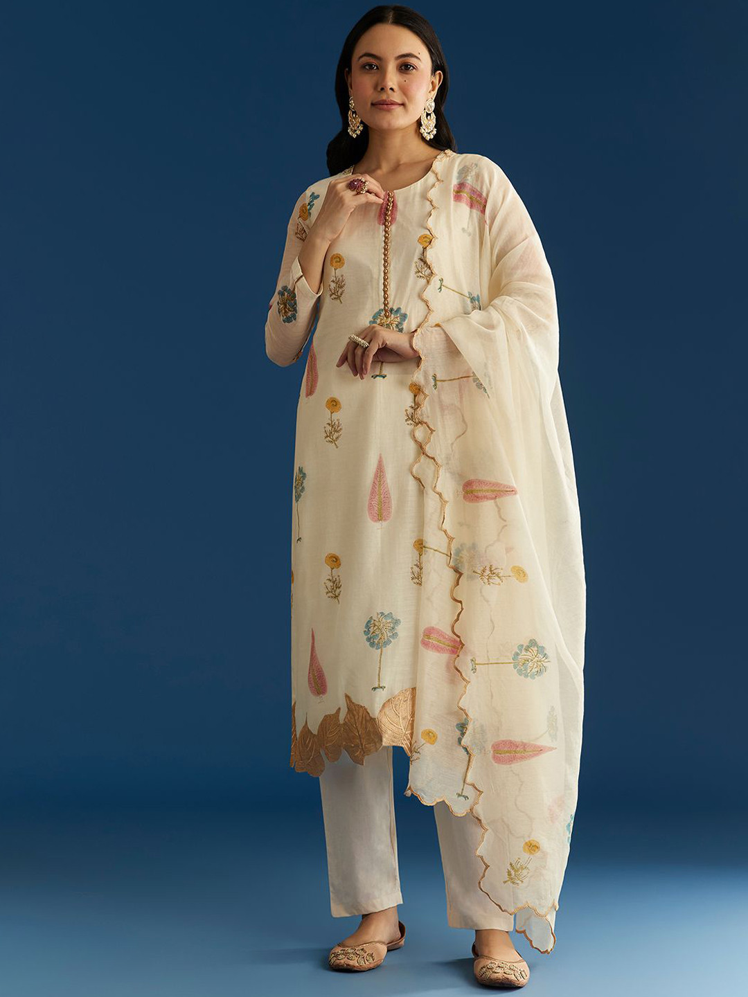 KALKI Fashion Printed Block Print Poly Chanderi Straight Kurta With Trousers & Dupatta