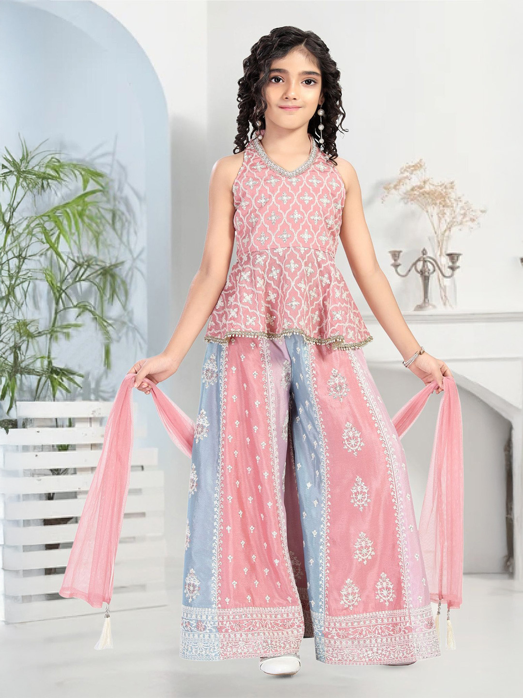 PINK LEAF Kids Embroidered Pure Silk Top With Palazzos & Dupatta
