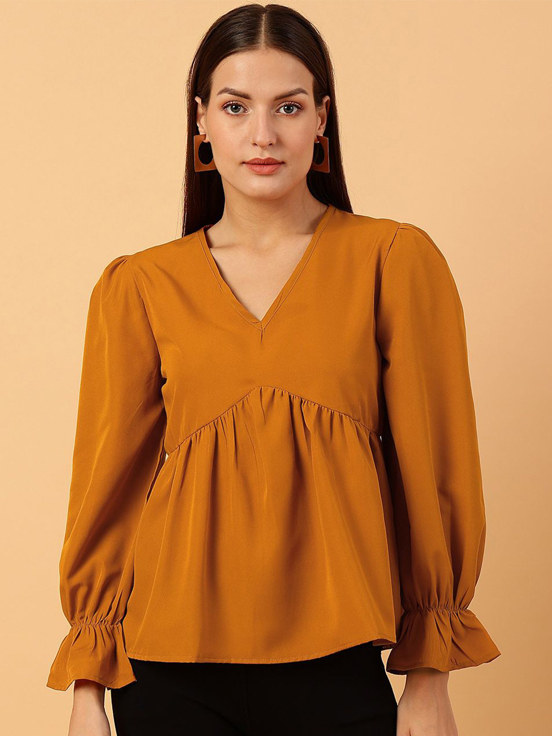 NEESH Women Solid Gathered or Pleated V-Neck Empire Top