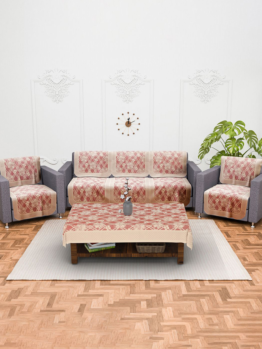 Kuber Industries Maroon & Beige 11 Pieces Flower Design Cotton 5 Seater Sofa Covers