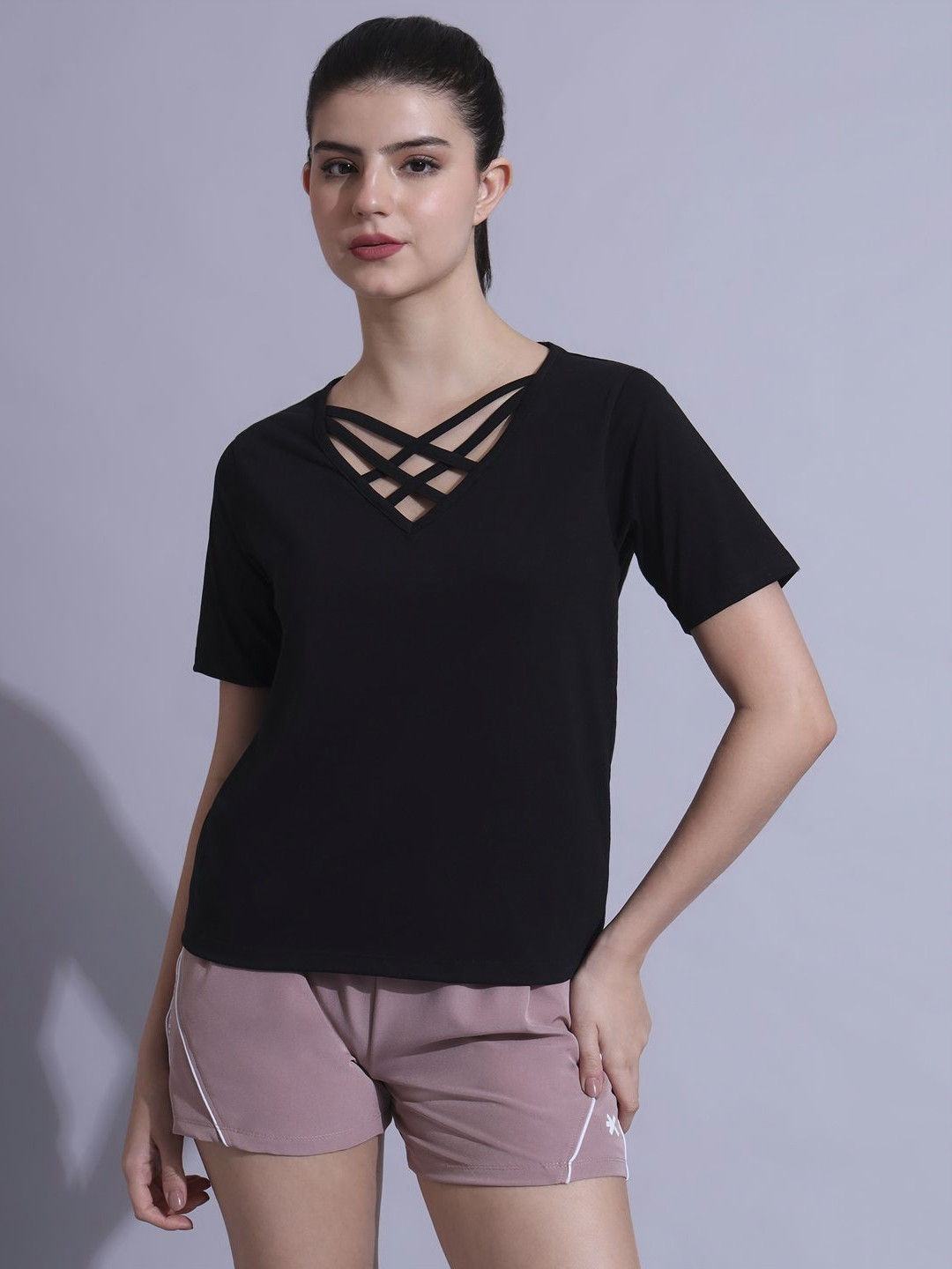 HRX by Hrithik Roshan Women Rapid-Dry Solid V-Neck Cotton T-shirt