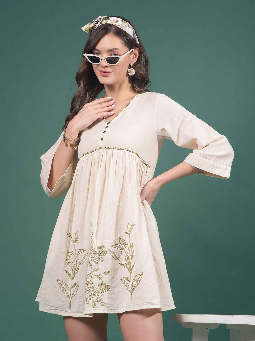 Crimsoune Club Floral Embroidered Empire Mini Dress