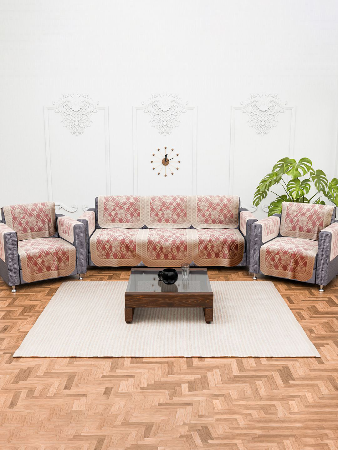 Kuber Industries Maroon 16 Pieces Cross Flower Net Cotton 5 Seater Sofa Covers With Arms