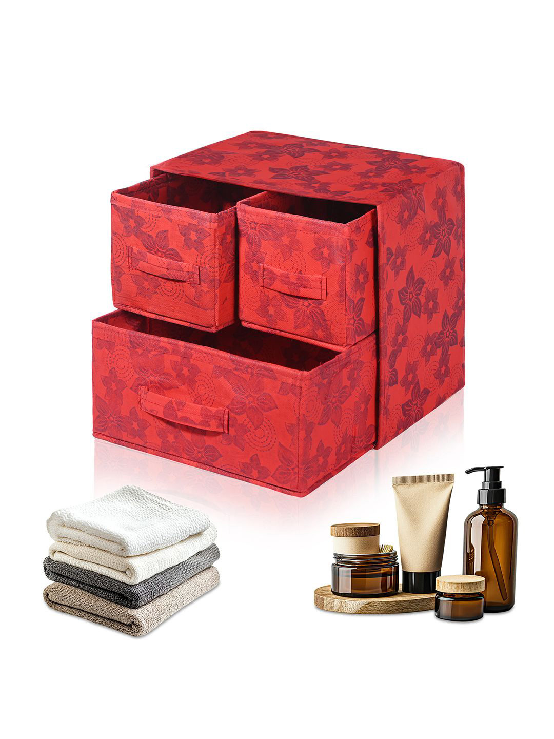 Kuber Industries Red 3 Pieces Flower Printed Drawer Organisers