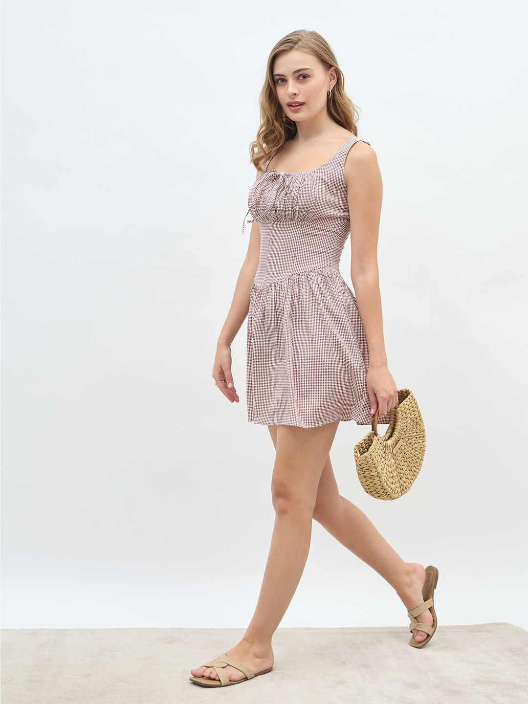 Styli Women Corset Look Smocked Seersucker Tie-Up Neck Mini Dress