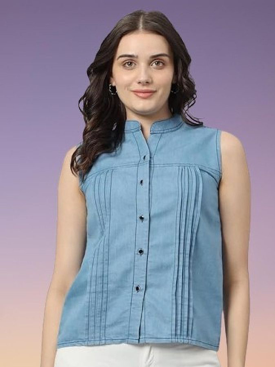 GIRLS WITH WINGS Women Self Design Regular Fit Mandarin Collar Denim Shirt