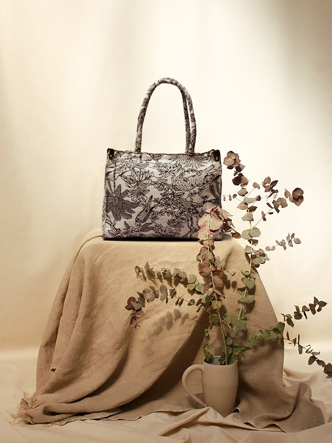 Kacko Floral Print Structured Satchel with Tasselled