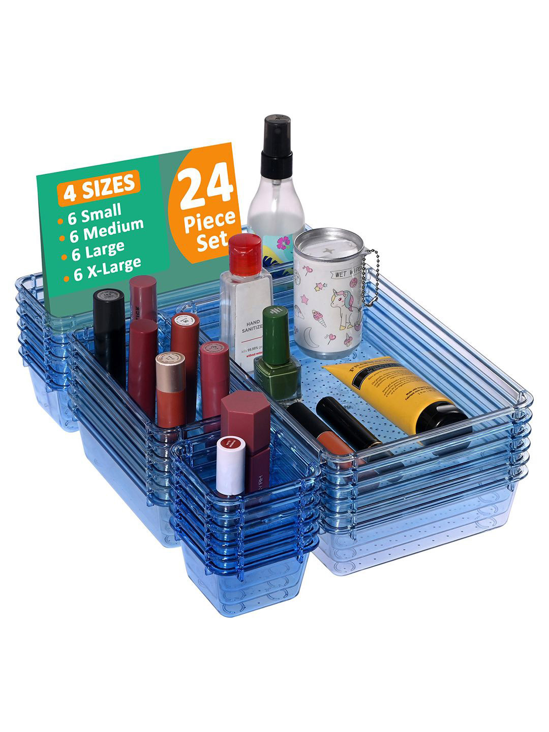 Kuber Industries Blue & Transparent 24 Pieces Makeup Organisers