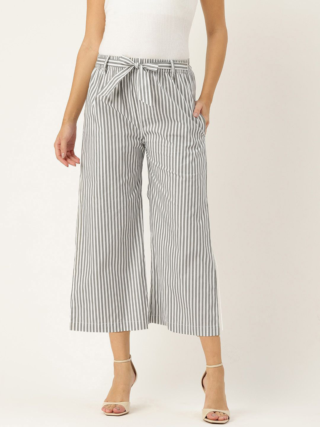 Molcha Women Striped Flared Cropped Cotton Palazzos