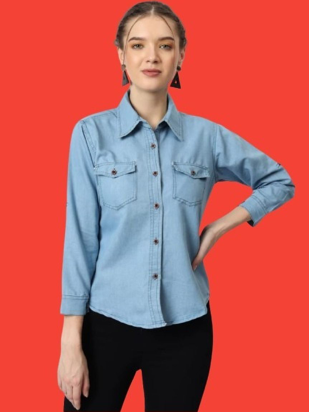 GIRLS WITH WINGS Women Denim Chest pockets Casual Shirt