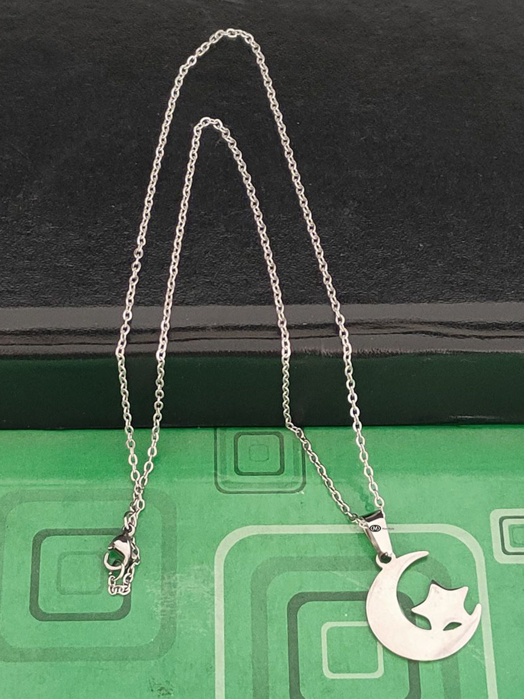 M Men Style Men Stainless Steel Silver-Plated Moon Star Shaped Pendant