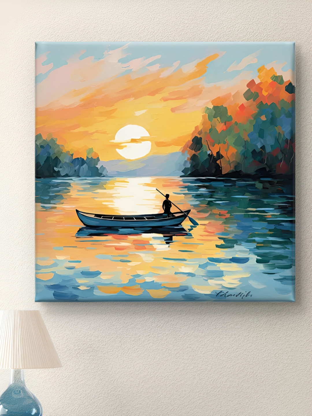 Livin'luxe Orange Colord & Blue Boat River Printed Canvas Wall Art