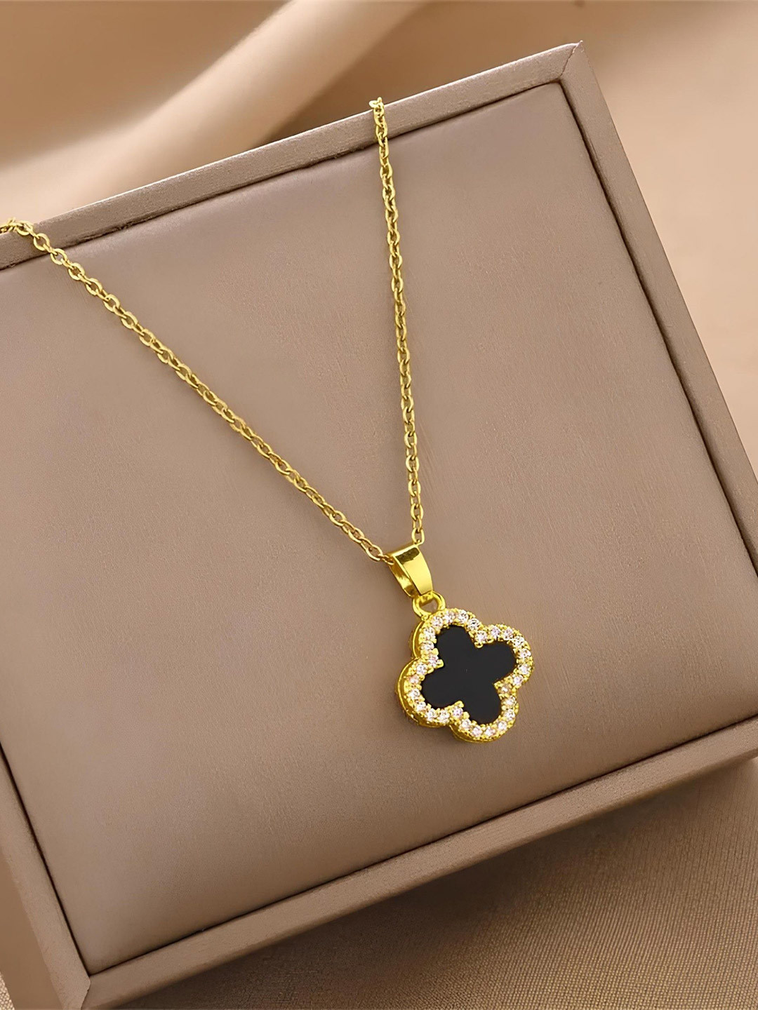 KARISHMA KREATIONS Stainless Steel 18K Gold-Plated Cubic Zirconia Studded Pendant & Chain