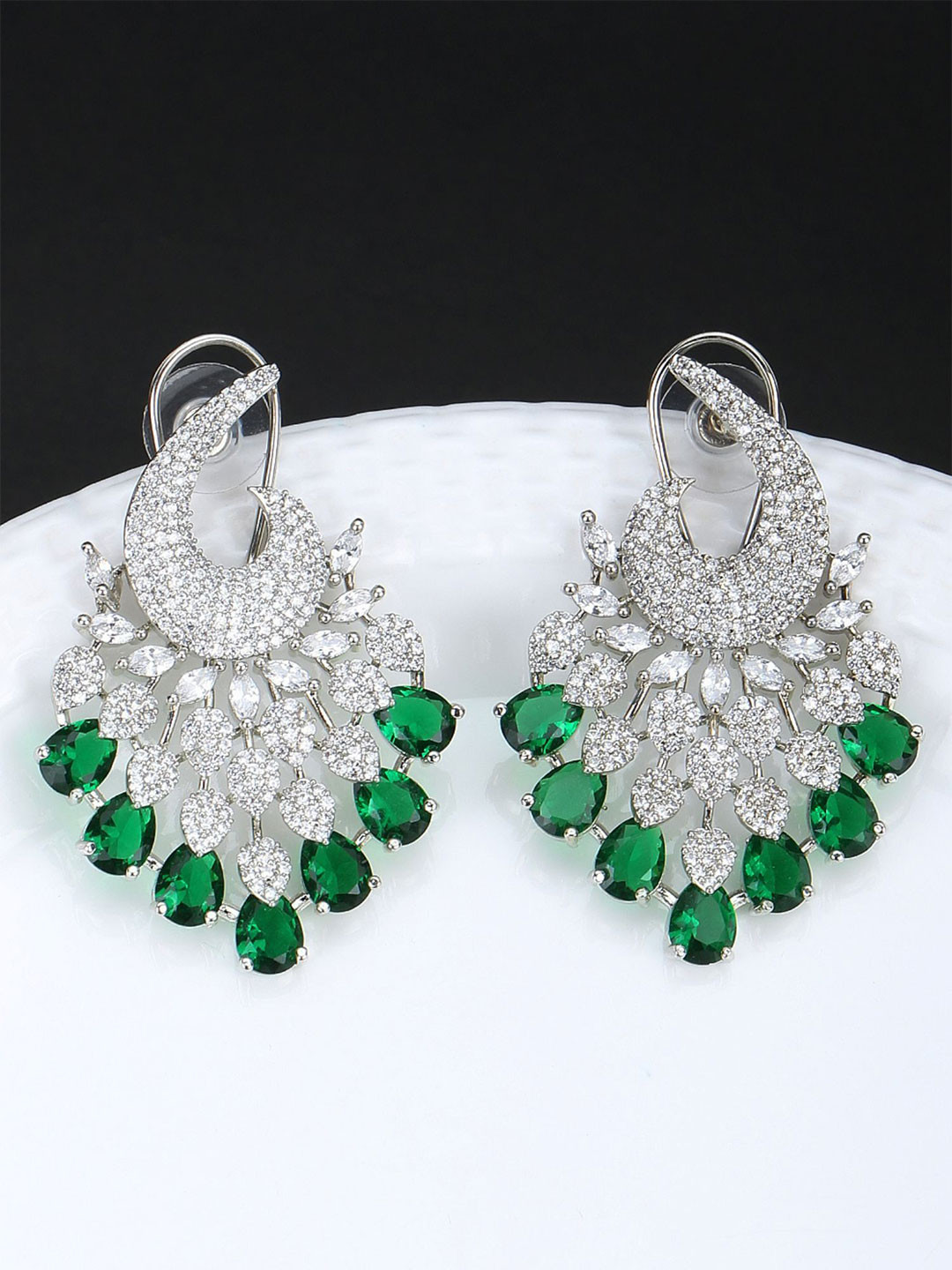 Anouk Rhodium-Plated Emerald Studded Contemporary Shaped Drop Earrings