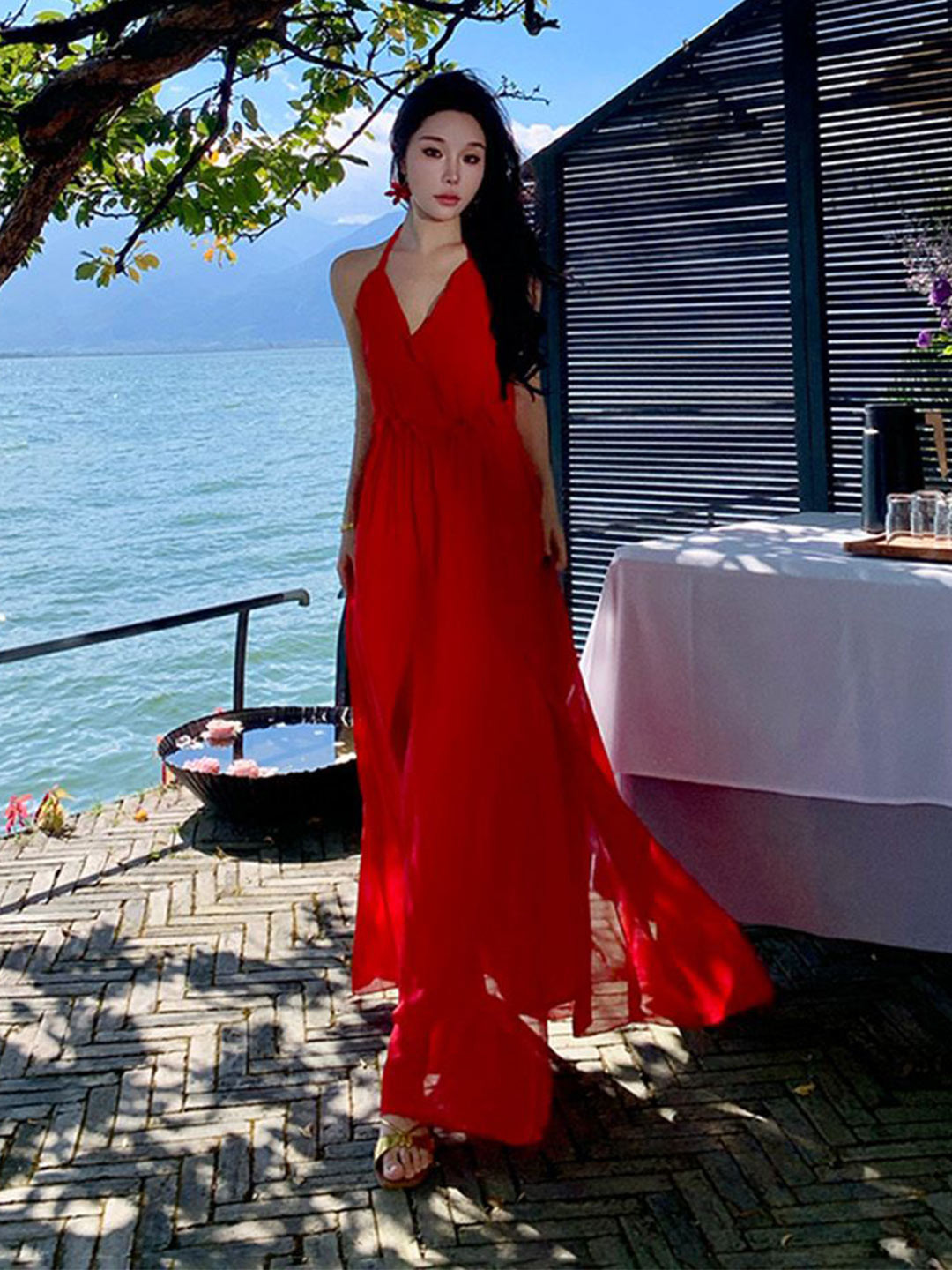 JC Mode Women Solid Red Slits Detail Fit and Flare Backless Maxi Dress