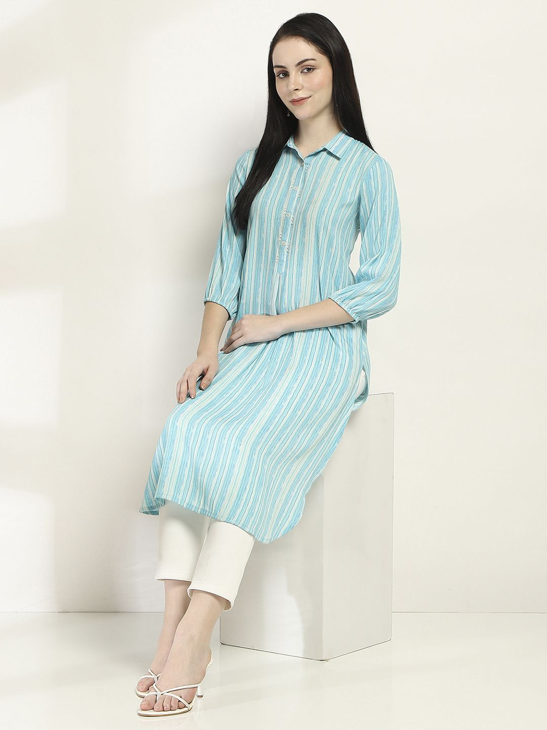 Rangriti Striped Shirt Collar Pleated Modal A-Line Kurta