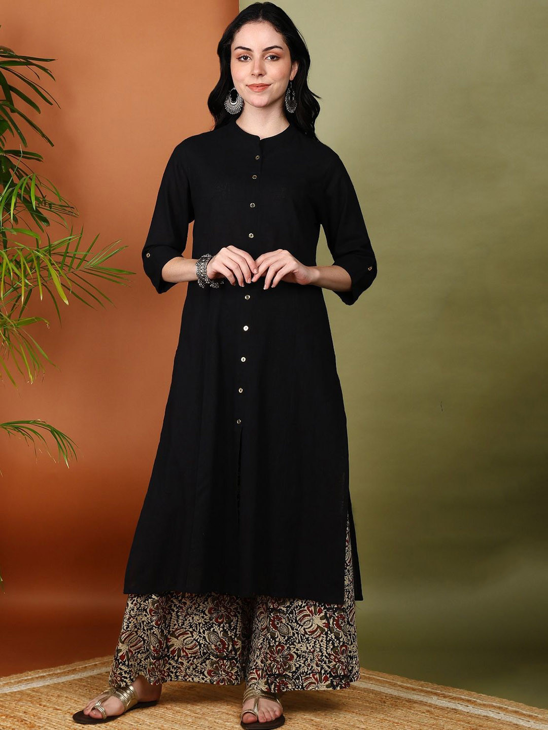 KALINI Mandarin Collar Cotton Slub A-Line Kurta With Kalamkari Printed Palazzos