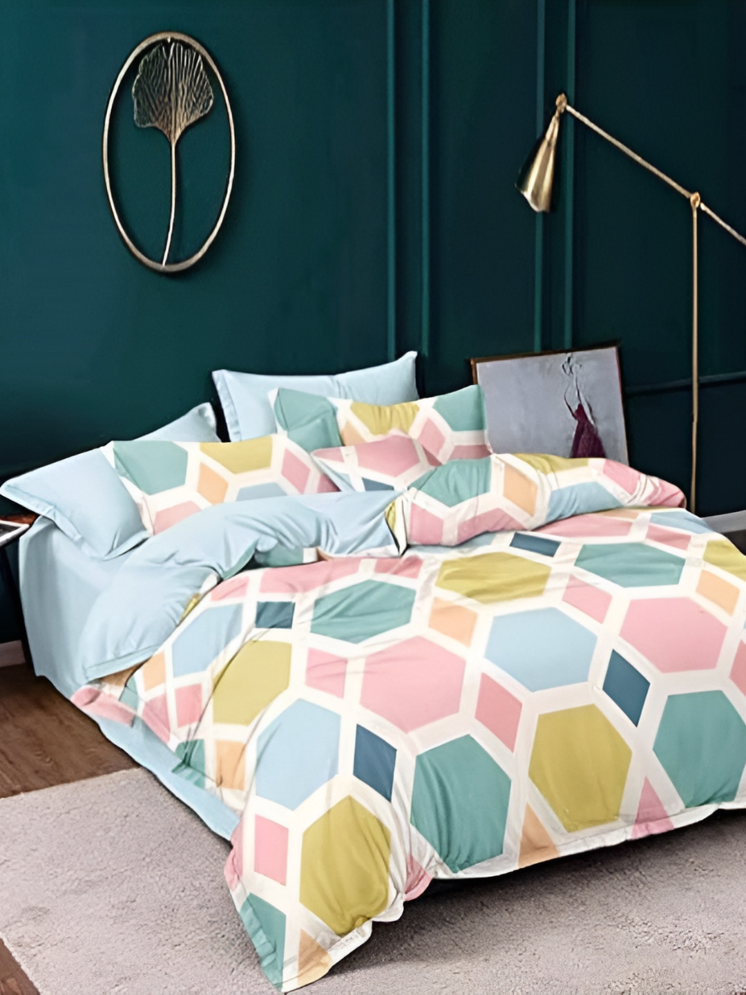 MORADO Glace Cotton Off-White & Blue Geometrical Double Bed Duvet Cover