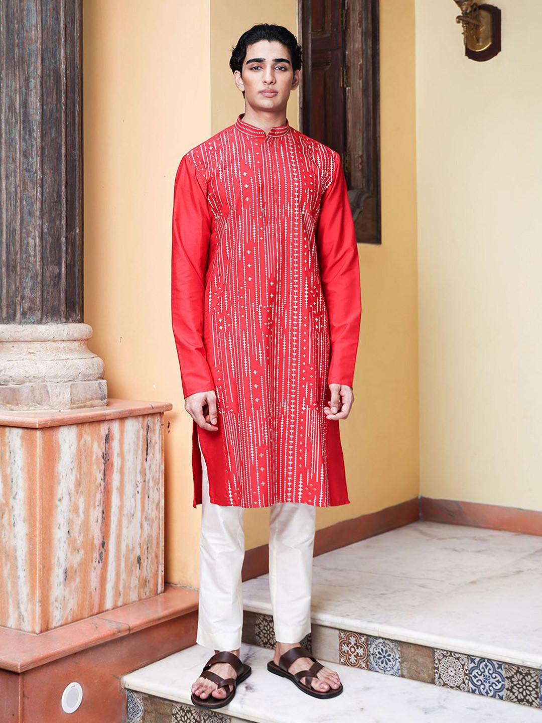 PATR Geometric Printed Mandarin Collar Cotton Silk Straight Kurta