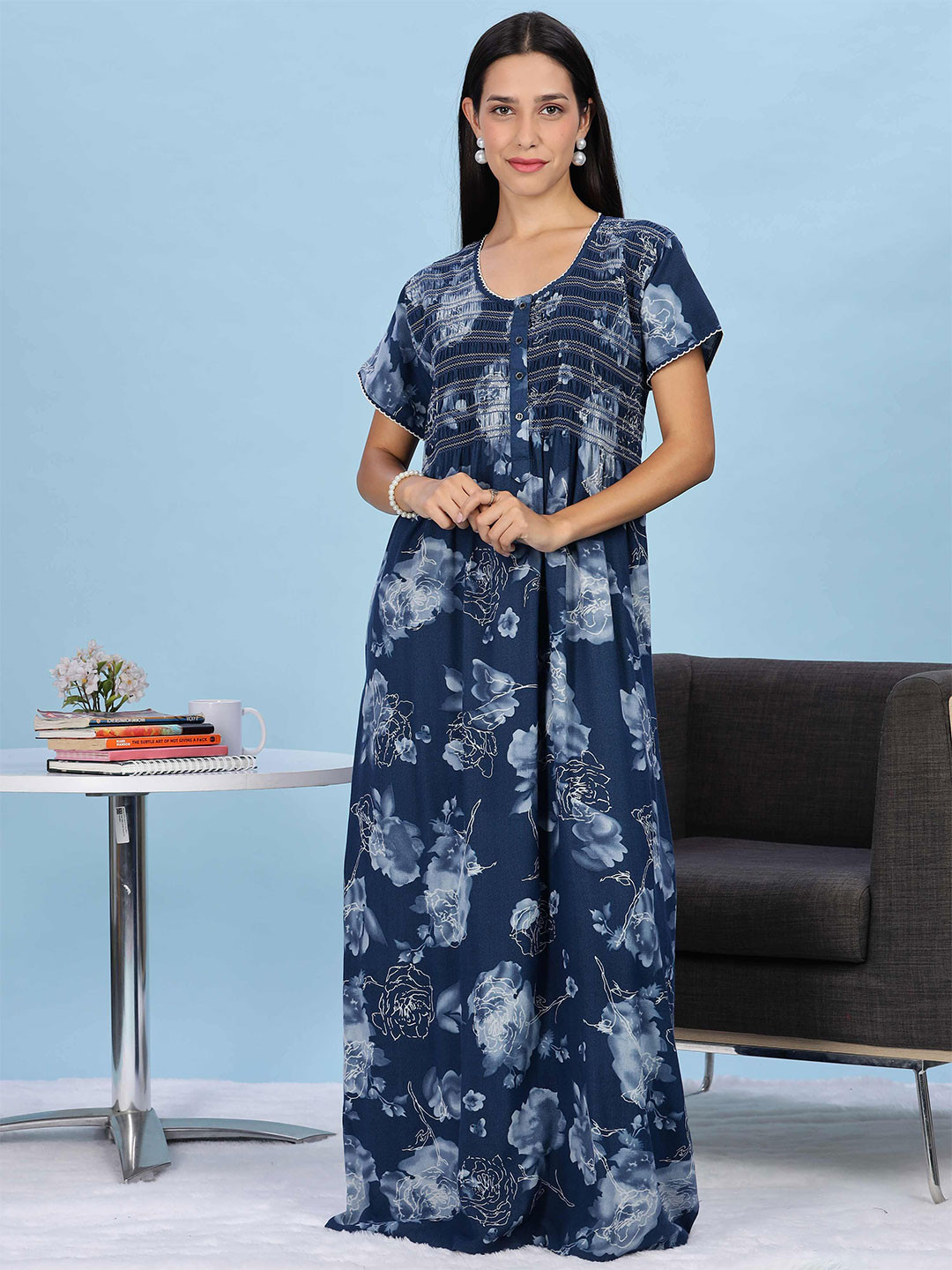 9shines Label Women Floral Print Maxi Smocking Regular Nightdress