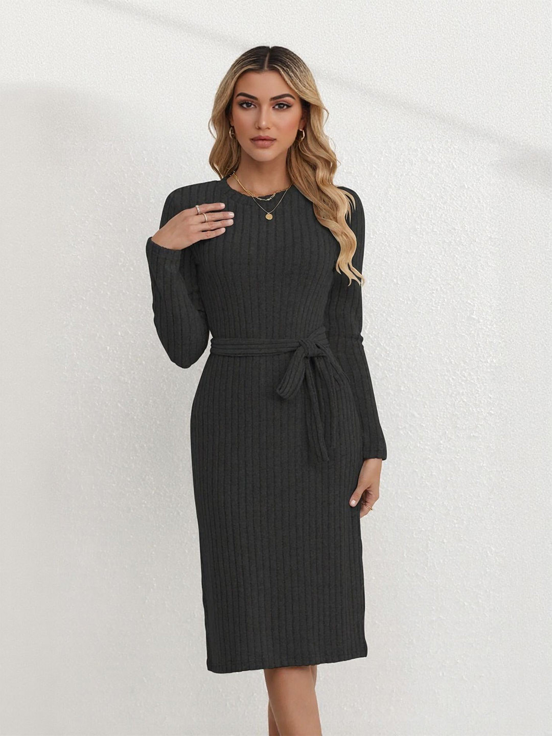 Outzidr Midi Dress with Waist Tie Belt