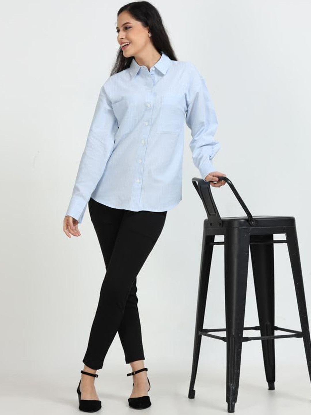 GLAM & CHIQUE Women's Relaxed Fit Pure Cotton Button Down Striped Longline Shirt