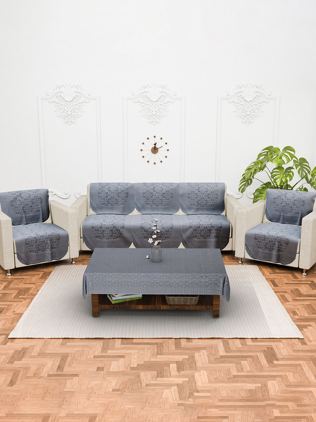 Kuber Industries Grey 11 Pieces Self Boring Design Cotton 5 Seater Sofa Covers